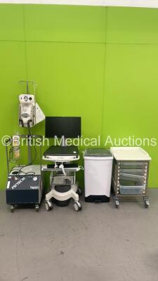 Mixed Lot Including Mobile Trolley with Drawers, 1 x Pedal Bin, 1 x Powervar Mobile Workstation with Monitor and 1 x Byron Medical PSI Tec III Suction Unit on Stand with Byron Big Bag (Powers Up) *S/N 03802*