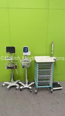 Mixed Lot Including Spacelabs elance Patient Monitor on Stand (Missing 1 x Wheel), 1 x Welch Allyn SPOT Vital Signs Monitor on Stand, 1 x Tanita Stand on Scales and 1 x Bristol Maid Trolley with Drawers (Powers Up) *S/N 99050019 / 20101107698*