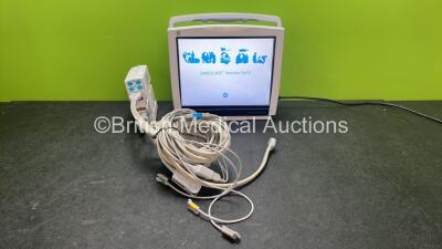 GE Carescape B450 Patient Monitor *Mfd 2015* with 1 x GE Type E-PSMP-OO Module Including ECG, SpO2, T1, T2, P1, P2 and NIBP Options with NIBP Hose, 1 x Temp Lead, 1 x SpO2 Lead and 1 x ECG Trunk Lead (Powers Up with Damaged Casing-See Photo) *SN 7217063, 