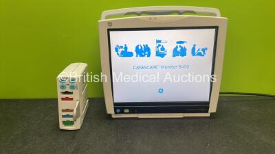 GE Carescape B450 Patient Monitor *Mfd 2015* with 1 x GE Type E-PSMP-OO Module Including ECG, SpO2, T1, T2, P1, P2 and NIBP Options (Powers Up with Damaged Casing-See Photo) *SN SJA15262149HA, 7217137*