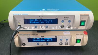 2 x Smith & Nephew Dyonics Power Consoles with 1 x Foot Switch (Both Power Up) - 2