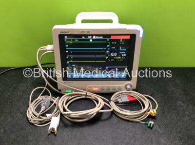 Mindray BeneView T5 Patient Monitor with 1 x Mindray Multiparameter Patient Module Including ECG, SpO2, T1, T2 and NIBP Options and 1 x Mindray AG Gas Module with Water Trap (Powers Up with Crack in Casing, Both Modules with Damage to Casings - See Photos