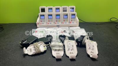 10 x Drager Infinity M300 Patient Telemetry Monitors with 1 x Drager Infinity M300 Central Charger, 4 x Drager REF MS2958-04 Chargers and 8 x Drager ECG Leads (All Powers Up) *SN C1760790059, 5752142961, 5751899351, 5752943854, 5752142667, 5752943952, 575