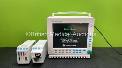 Datex Ohmeda Compact Anesthesia Patient Monitor with 1 x GE E-PRESTN Module Including ECG, SpO2, NIBP, T1, T2, P1 and P2 Options and 1 x GE E-CAiOV Gas Module Including Spirometry Options with D-fend Water Trap (Powers Up) *SN 6316094, 6230123, 6228176*