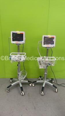 2 x Mindray iPM 12 Patient Monitors on Stands with IBP1, IB2, T1, T2, SPO2, ECG and NIBP Option and Selection of Cables (Both Power Up) *S/N FH-22000184 / FH-22000186*