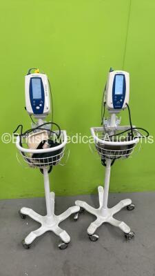 2 x Welch Allyn SPOT Vital Signs Monitors on Stands with SPO2 Finger Sensors, BP Hose and Cuffs (Both Power Up) *S/N 201312099 / 201311147*