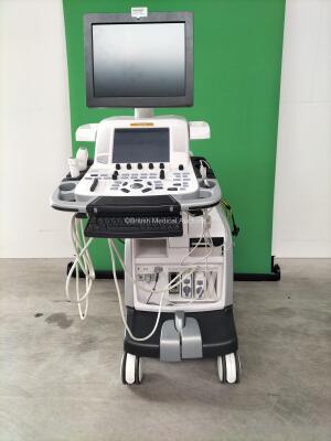 GE Vivid E9 Flat Screen Ultrasound Scanner *Mfd - 09/2009* Application Software - Version 112, Revision - 1.5, System Software - Version - 104.3.2 with 2 x Transducers / Probes (1 x M5S-D and 1 x 4V-D) and 3 Lead ECG Lead (Powers Up, Damaged Probe Port) *