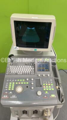 Aloka ProSound SSD-5000 Ultrasound Scanner *S/N M01413* **Mfd 2001** with 1 x Transducer / Probe (UST-9115-5) and Sony UP-895CE Video Graphic Printer (Powers Up - Missing Dials - See Pictures) - 3