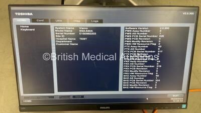 Toshiba Viamo SSA-640A Flat Screen Ultrasound Scanner *S/N E1B0982203* **Mfd 10/2009** Version 2.0.300 with 2 x Transducers / Probes (PLT-1204BT *Mfd 07/2009* and PVT-375ST *Mfd 04/2017*) on Stand with Sony UP-D897 Digital Graphic Printer (Powers Up - Scr - 6