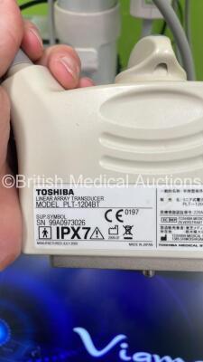 Toshiba Viamo SSA-640A Flat Screen Ultrasound Scanner *S/N E1B0982203* **Mfd 10/2009** Version 2.0.300 with 2 x Transducers / Probes (PLT-1204BT *Mfd 07/2009* and PVT-375ST *Mfd 04/2017*) on Stand with Sony UP-D897 Digital Graphic Printer (Powers Up - Scr - 14