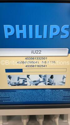 Philips iU22 Flat Screen Ultrasound Scanner on F.2 Cart *S/N 034JND* **Mfd 06/2009** Software Version 5.0.2.110 with 3 x Transducers / Probes (C5-1 / L17-5 and L9-3) and Sony UP-D897 Digital Graphic Printer (Powers Up - Crack on Keyboard - See Pictures) * - 5