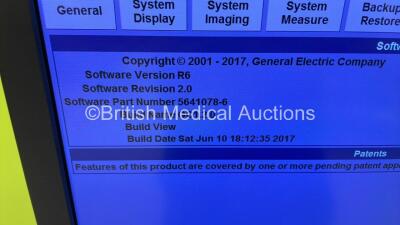 GE Logiq E9 XDClear Flat Screen Ultrasound Scanner Ref 5205000-9 *S/N 203614US6* **Mfd 2017** Software Version R6 Software Revision 2.0 with 3 x Transducers / Probes (ML6-15-D Ref 5199103 *Mfd 09/2017* / 9L-D Ref 5194432 *Mfd 08/2017* and C1-6-D Ref 54189 - 11