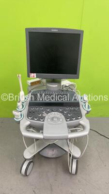 Siemens Acuson S2000 Flat Screen Ultrasound Scanner Model No 100414691 *S/N 205776* **Mfd 2012** with 5 x Transducers / Probes (14L5 / 4V1 / 9L4 / 14L5 SP and EC9-4) (No Power - HDD REMOVED - Missing Side Panel on Monitor and Dials - See Pictures) ***IR16