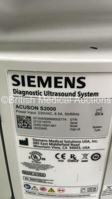 Siemens Acuson S2000 Flat Screen Ultrasound Scanner *S/N (21) 214370* **Mfd 09/2016** Software 500.1.061 with 3 x Transducers / Probes (6C1 HD / 18L6 HD and 9L4) and Mitsubishi P93D Printer (Powers Up) ***IR150*** - 25