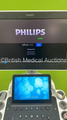 Philips Affiniti 70G Flat Screen Ultrasound Scanner Ref 989605416151 *S/N US315F0513* **Mfd 2015** Software Version 5.0.1.9 with 3 x Transducers / Probes (C5-1 / C10-3v and L12-3) (Powers Up - Damage to Probe - See Pictures - Keyboard will Not Lock in Par - 12