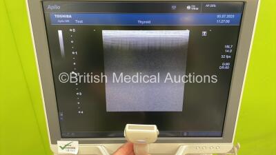 Toshiba Aplio 500 TUS-A500 Flat Screen Ultrasound Scanner *S/N T1F1425096* **Mfd 02/2014** Software Version with AB_V4.00*R001 with 2 x Transducers / Probes (PLT-1005BT *Mfd 02/2014* and PLT-1204BT *Mfd 02/2014*) (Powers Up) ***IR155*** - 11