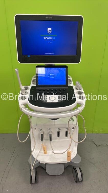 Philips Epiq 5G Flat Screen Ultrasound Scanner Ref 989605408541 *S/N USN13C0623* **Mfd 2013** Software Version 5.0.2 with 2 x Transducers / Probes (C10-3v and L12-5 50) (Powers Up - Missing Dials - See Pictures)