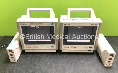 Job Lot Including 2 x Philips M3046A Patient Monitors (Both Power Up 1 x with Missing Module Clip - See Photo) and 2 x Philips M3001A Modules Including ECG, SpO2, NBP, Press and Temp Options