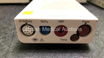 Job Lot Including 2 x Philips M3046A Patient Monitors (Both Power Up 1 x with Missing Module Clip - See Photo) and 2 x Philips M3001A Modules Including ECG, SpO2, NBP, Press and Temp Options - 5