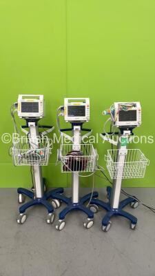 3 x Fukuda Denshi Dynascope DSL-8001 Patient Monitors on Stands with Selection of Leads (All Power Up) *S/N 50200359 / 50200354 / 50200353*