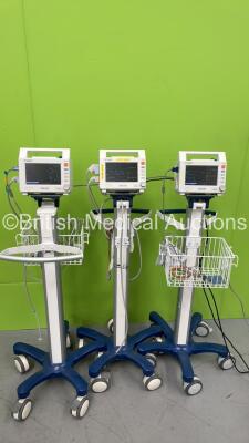 3 x Fukuda Denshi Dynascope DSL-8001 Patient Monitors on Stands with Selection of Leads (All Power Up) *S/N 50200355 / 50200356 / 50200359*