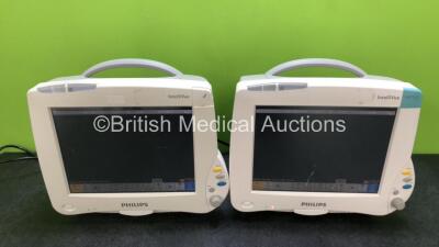 2 x Philips IntelliVue MP50 Touch Screen Patient Monitors (Both Power Up, 1 x Slight Damage to Screen, 1 x Damage to Casing and Missing Badge - See Photos) *SN DE44016927 / DE44016935*