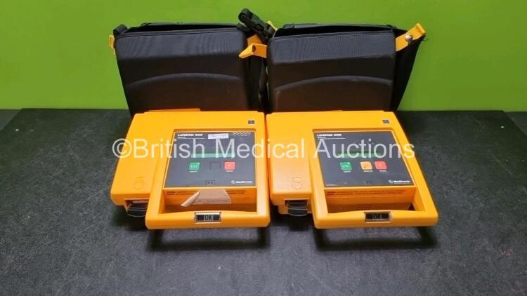 2 x Medtronic Physio Control Lifepak 500 Automated External Defibrillators (Both Power Up) In Carry Case