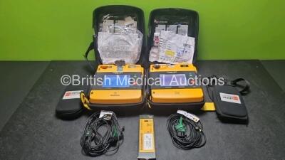 2 x Medtronic Physio Control Lifepak 1000 Defibrillators *Mfd 2021 / 2008* (Both Power Up) with 2 x 3 Lead ECG Lead , 3 x in Date Electrode Packs and 3 x Physio Control 1000 Batteries *Li/Mn02*