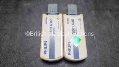 2 x Philips Heartstart MRx Defibrillators / Monitors Including ECG, and Printer Options (Both Power Up, 1 x Missing Handle) with 2 x Philips M3725A Test Loads, 1 x M3538A Battery and 1 x Philips M3539A Module - 8