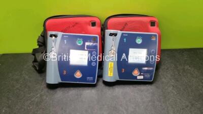 2 x Philips Heartstart FR2+ Defibrillators (Powers Up with Stock Battery, Stock Battery Not Included) In Carry Cases *SN 0307230132 / 1011890038*