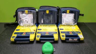 3 x Cardiac Science Powerheart AED G3 Automated External Defibrillators (All Power Up with Stock Battery Stock Battery Not Included) In Carry Case with 3 x In Date Electrode Packs and 1 x Ambu Res Cue Mask