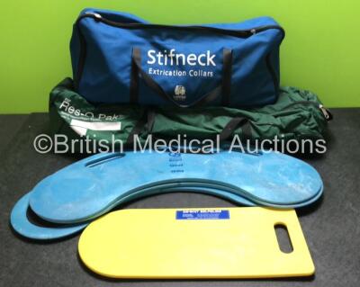 Job Lot Including 3 x CareFlex Motility Boards, 1 x Samarit Self Glide Board, 1 x Laerdal Extrication Collars Bag with Accessories and 1 x Res-Q-Pak Bag with 1 x Spencer Brace