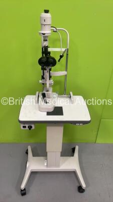 Topcon SL-3G Slit Lamp with 2 x 10x Eyepieces and Chin Rest on TopCon PS-60G Motorized Table (Powers Up with Good Bulb) *Mfd 2009*