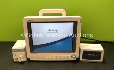 Mindray BeneView T5 Patient Monitor (Powers Up with Crack in Casing - See Photos) with Printer Options Including Mindray CO2 Gas Module with Water Trap and Mindray Beneview T1 Handheld Patient Module Including, ECG, SpO2, MP1, IBP, NIBP, T1 and T2 Options