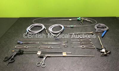 Job Lot Including 1 x Diathermy Pen, Various Surgical Instruments, 2 x R.Wolf Fibre Optic Light Source Cables and 1 x Olympus A22040A Cannula