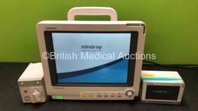 Mindray BeneView T5 Patient Monitor (Powers Up with Crack in Casing and Missing Light Cover - See Photos) Including Mindray CO2 Gas Module with Water Trap and Mindray Beneview T1 Handheld Patient Module Including, ECG, SpO2, MP1, IBP, NIBP, T1 and T2 Opti