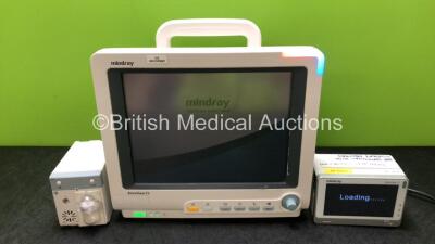 Mindray BeneView T5 Patient Monitor (Powers Up with Crack in Casing - See Photos) Including Mindray CO2 Gas Module with Water Trap and Mindray Beneview T1 Handheld Patient Module Including, ECG, SpO2, MP1, IBP, NIBP, T1 and T2 Options (Powers Up with Crac