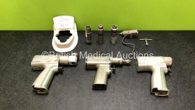 Job Lot Including 1 x Stryker System 5 4208 Sagittal Handpiece, 1 x Stryker 4107 Recip / Sternum Saw Handpiece, 1 x Stryker 4103 Rotary Handpiece, 1 x Stryker 4126-130 Battery Transfer Shield, 1 x Stryker 4103-110 Synthes Drill Attachment, 1 x Stryker 410