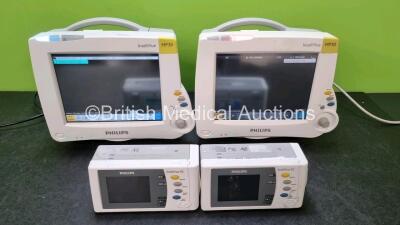 2 x Philips IntelliVue MP30 Patient Monitors (Both Power Up) with 2 x Philips Intellivue X2 Handheld Patient Monitors Including ECG, SpO2, NBP, Press and Temp Options and 2 x Philips M40607A Batteries (Both Power Up) *SN DE73611033 / DE72862281 / DE728746