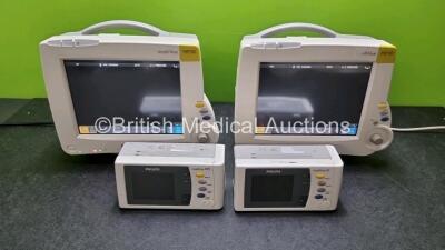 2 x Philips IntelliVue MP30 Patient Monitors (Both Power Up, 1 x with Scratched Screen - See Photo) with 2 x Philips Intellivue X2 Handheld Patient Monitors Including ECG, SpO2, NBP, Press and Temp Options and 2 x Philips M40607A Batteries (Both Power Up)