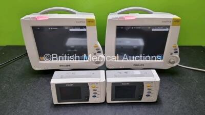 2 x Philips IntelliVue MP30 Patient Monitors (Both Power Up) with 2 x Philips Intellivue X2 Handheld Patient Monitors Including ECG, SpO2, NBP, Press and Temp Options and 2 x Philips M40607A Batteries (Both Power Up) *SN DE03753332 / DE95043048 / DE728746