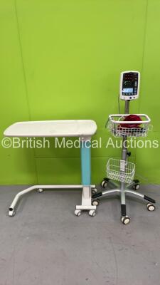 Mixed Lot Including 1 x Mindray VS-800 Patient Monitor on Stand with 1 x NIBP Hose, 1 x SpO2 Finger Sensor and 2 x BP Cuffs (Powers Up with Missing Light-See Photo) 1 x Bed Table *SN BY2C142912*