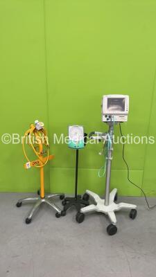 Mixed Lot Including 1 x Accoson Greenlight 300 Meter on Stand, 1 x Vacuum Valve with Hose on Stand and 1 x Fukuda Denshi DS-7100 Patient Monitor Including ECG, SpO2, NIBP, TEMP, BP and Printer Options with 1 x SpO2 Finger Sensor and 1 x NIBP Hose (Powers 