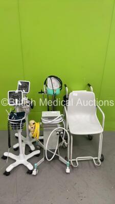 1 x Marsden Wheelchair Weighing Scales, 3 x Blood Pressure Meters on Stands and 1 x Regulator on Stand with Hoses