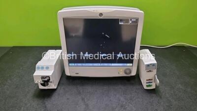 GE Carescape B650 Patient Monitor *Mfd 2013* (Powers Up) with GE E-CAiOV-00 Gas Module with D-fend Water Trap and GE E-PSMW Module Including ECG, SpO2, T1, T2 and NIBP Options *SN SEW1284500HA / 6897025 / 1760038*