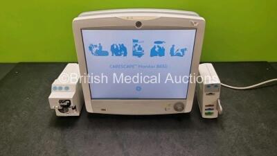 GE Carescape B650 Patient Monitor *Mfd 2012* (Powers Up) with GE E-CAiOV-00 Gas Module with D-fend Water Trap and GE E-PSMW Module Including ECG, SpO2, T1, T2 and NIBP Options *SN 6921545 / 1762423*