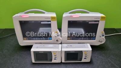 2 x Philips IntelliVue MP30 Patient Monitors (Both Power Up, 1 x Missing Dial) with 2 x Philips Intellivue X2 Handheld Patient Monitors Including ECG, SpO2, NBP, Press and Temp Options and 2 x Philips M40607A Batteries (Both Power Up, 1 x SligHT Crack In 