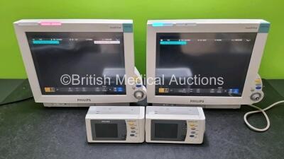 2 x Philips IntelliVue MP70 Patient Monitors (Both Power Up, Both with Slight Damage to Casing and 1 x Missing Dial - See Photos) with 2 x Philips Intellivue X2 Handheld Patient Monitors Including ECG, SpO2, NBP, Press and Temp Options and 2 x Philips M40