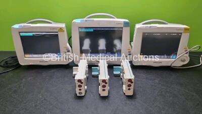 Job Lot Including 2 x Philips IntelliVue MP30 Patient Monitors, 1 x Philips IntelliVue MP50 Patient Monitor (All Power Up, 1 x With Damage to Casing - See Photo) with 1 x Philips M3014A Opt C07 C02 Module Including Press, Temp and CO2 Options and 2 x Phil