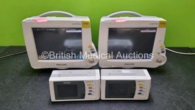 2 x Philips IntelliVue MP30 Patient Monitors (Both Power Up) with 2 x Philips Intellivue X2 Handheld Patient Monitors Including ECG, SpO2, NBP, Press and Temp Options and 2 x Philips M40607A Batteries (Both Power Up) *SN DE83621826 / DE95043088 / DE728746